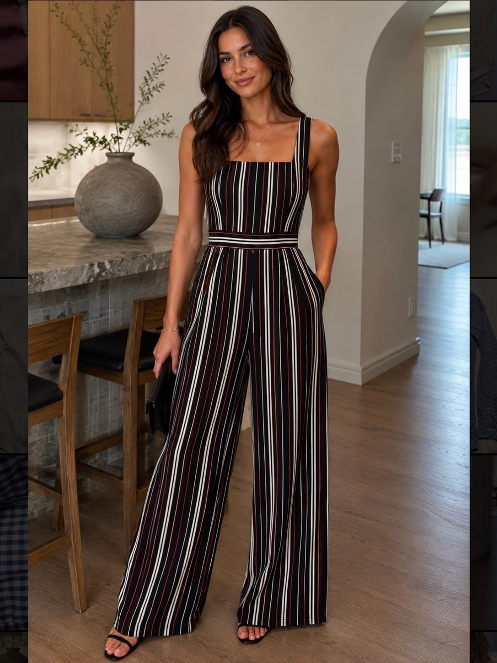 Express Black Striped Square-Neck Wide-Leg Jumpsuit